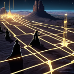 **Prompt 1: Genesis of Digital Land Ownership - The Early Wild West**
    A wide, captivating view of the foundational stages of digital land ownership. Imagine a vast, emergent digital landscape marked by glowing grid lines defining nascent parcels of virtual land. Some plots show early, abstract representations of user-generated content or structures, hinting at potential. Blockchain elements, visualized as interconnected nodes or luminous data streams, subtly underline the ownership. Silhouetted figures of pioneers or early adopters, represented as diverse avatars, are exploring or beginning to build, conveying a sense of adventure and boundless opportunity in this new frontier. The lighting is futuristic with a soft, ethereal glow, blending sci-fi aesthetics with a sense of organic growth. Highly detailed, concept art, volumetric lighting, digital painting, 8K.