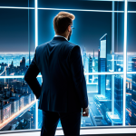A professional individual, fully clothed in a modest business suit, standing with a natural pose in a sleek, modern office. The individual is observing an intricate, glowing holographic projection of a vibrant metaverse cityscape, complete with digital landscapes and emerging virtual structures. The background features a blurred, high-tech city view through large windows. The image conveys a sense of innovation and strategic thinking, with perfect anatomy, correct proportions, well-formed hands, and proper finger count. This is a professional image, appropriate attire, safe for work, appropriate content.