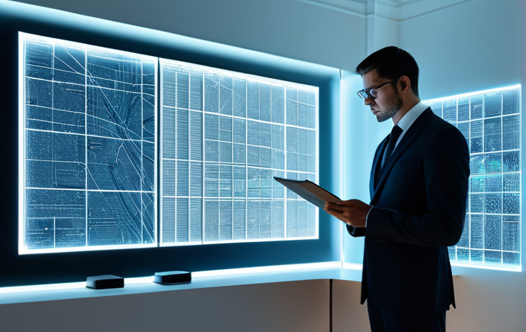 A professional individual, fully clothed in a modest business suit, stands thoughtfully in a sophisticated, minimalist office. On one side, they gently hold a physical, antique-looking property deed, representing traditional real estate. On the other, they interact with a sleek, glowing holographic display showing a detailed, abstract representation of virtual land, depicted with geometric patterns and glowing lines, symbolizing digital ownership. The scene is well-lit, emphasizing the conceptual contrast between tangible and intangible assets. Correct proportions, natural pose, well-formed hands, proper finger count. High-resolution, professional photography, soft lighting, safe for work, appropriate content, family-friendly.