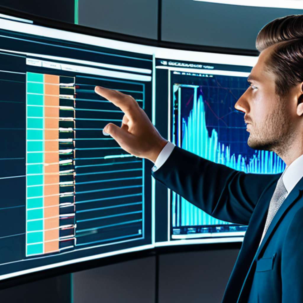 A professional data scientist, fully clothed in a sleek business suit, intently analyzing holographic data projections in a high-tech control room. The projections display intricate real-time virtual real estate market trends, detailed metaverse land parcel valuations, user engagement heatmaps, and blockchain transaction flows. The environment is futuristic, clean, and bathed in soft, professional lighting. Perfect anatomy, correct proportions, natural pose, well-formed hands, proper finger count, natural body proportions. Safe for work, appropriate content, fully clothed, professional dress, high quality.