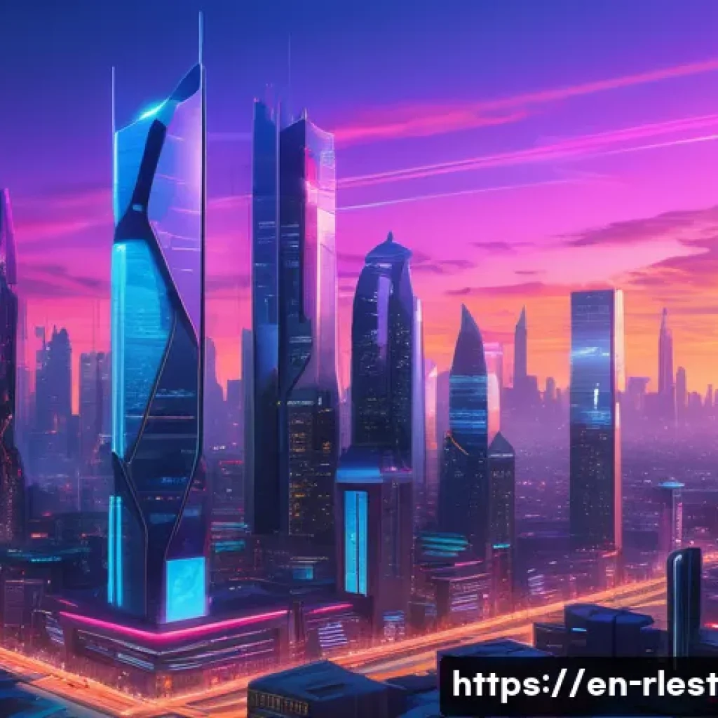 가상 부동산 투자에서의 투자 심리 - A futuristic digital cityscape at sunset, featuring rare and exclusive virtual real estate parcels g...