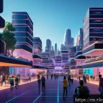 가상 부동산 투자에 대한 글로벌 비교 - A futuristic virtual real estate marketplace scene showcasing a bustling 3D digital cityscape inspir...