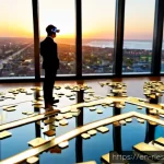 메타버스에서의 가상 부동산 트렌드 - Photorealistic futuristic virtual real estate marketplace, diverse young professionals wearing sleek...