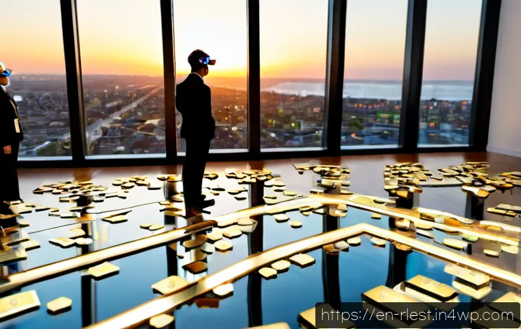 메타버스에서의 가상 부동산 트렌드 - Photorealistic futuristic virtual real estate marketplace, diverse young professionals wearing sleek...