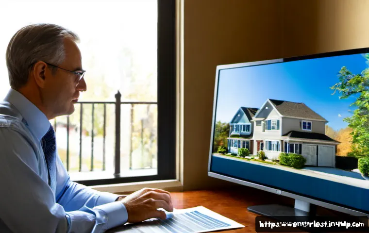 Home 17 가상 부동산 투자 시나리오 시뮬레이션 - Photorealistic home office scene of a middle-aged investor reviewing a virtual real estate investmen...