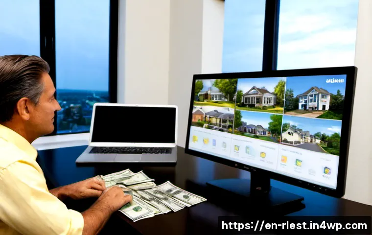 Home 17 가상 부동산 투자 시나리오 분석 - Photorealistic home office scene illustrating virtual real estate investment analysis, a middle-aged...