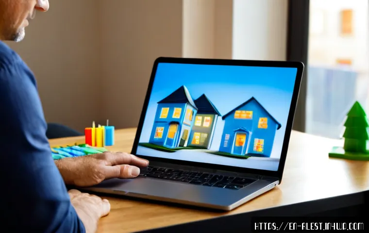 가상 부동산 투자에서의 창의적인 접근 방법 - Photorealistic modern home office, confident middle-aged investor studying a detailed miniature neig...