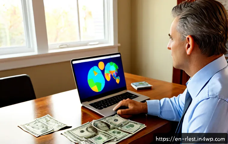 Home 17 가상 부동산 투자에서의 기회 포착 - Photorealistic home office scene of a thoughtful middle-aged investor spotting an opportunity in vir...